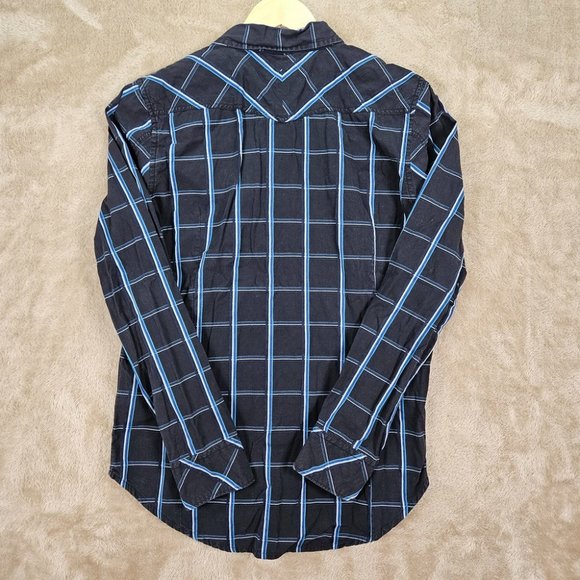 Diesel Shirt Pearl Snap Button-Down Pockets Mens Size M Black Blue Plaid Western - Picture 2 of 10